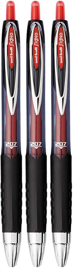 Signo 207 Roller Ball Retractable Gel Pens, Medium Point (0.7mm), Red Ink, 3 Count, Bundle with Plastic Reusable Pouch