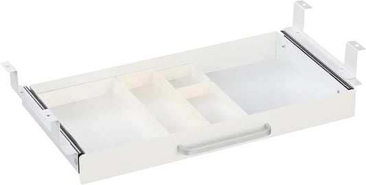 Under Desk Drawer White 21" with 4 Divider Trays, Under Shelf Pencil Drawer Pull-out, Standing Desk Metal Storage Attachment Slide Out for Workbench