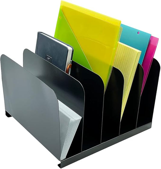 Huron Desktop File Binder Organizer Storage Vertical 5 Slot, Black Commercial Grade Steel