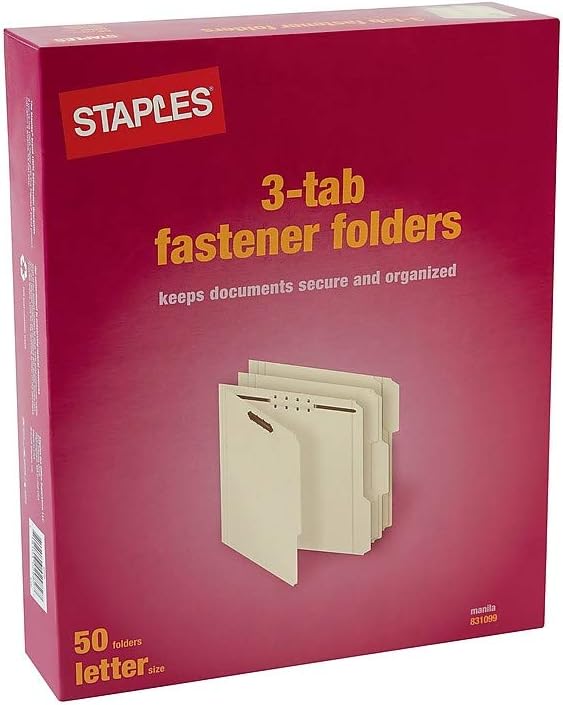 Staples Reinforced Fastener Folders, Letter, Manila, 50/Box