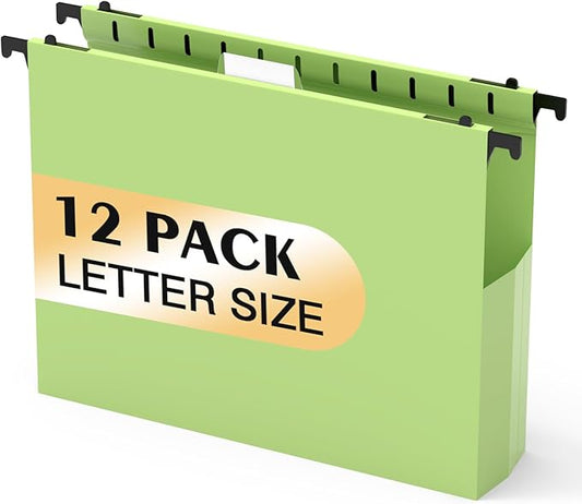 Extra Capacity Plastic Hanging File Folders,12 Pack Reinforced Hang Folder,Heavy Duty 2'' Expansion,Filing Cabinet Folders Letter Size with tabs for Bulk Files/Medical Charts(Mustard Green)
