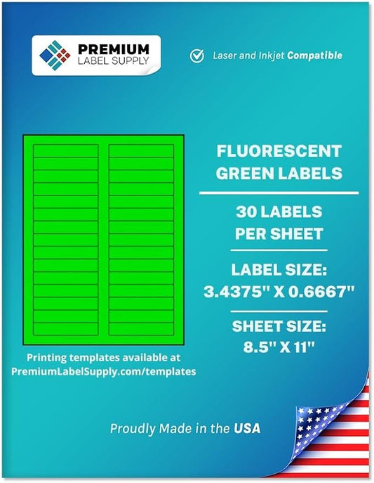 Premium Label Supply Bright Neon Color Fluorescent Sticker Labels - 3.4375" x 0.6667" File Folder Labels - (Fluorescent Green, 30,000 Labels)