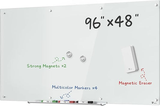 TOWON 8 x 4ft Whiteboard Huge, Glass Dry Erase Board Magnetic, 96 x 48 in, Infinity Frameless Mounting, White Surface, 4 Multi-Color Markers, 2 Strong Magnets, Pen Tray and Eraser