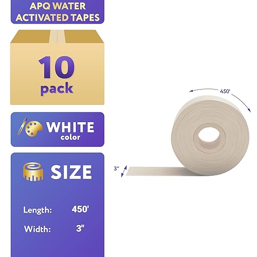 APQ Pack of 10 White Reinforced Water Activated Tapes 3" x 450'. Gummed Tape for Corrugated Cartons. Kraft Box Tape with Permanent Adhesion. Paper Tapes for Packaging, Shipping, Mailing, Moving.