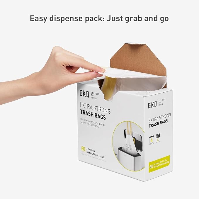 EKO 4 Gallon / 10-15 Liter, 80 Count Small Drawstring Trash Bags, Extra-Strong Unscented Garbage Bags, Easy-Dispense Roll for Kitchen & Household Use, Resists Tears, Leaks and Punctures, Code C, White