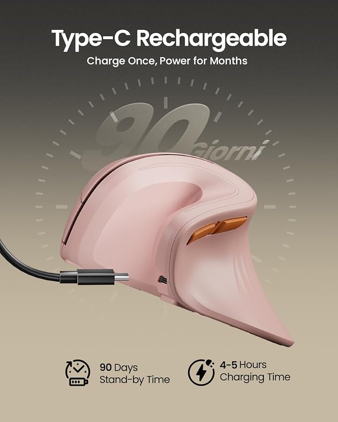 ProtoArc Ergonomic Vertical Mouse, EM11 NL Rechargeable Wireless Mouse Bluetooth, Ergo Mice with 3 Multi-Device for PC/Notebook/Laptop, 2.4GHz Optical Mice for Windows, Mac OS, Pink