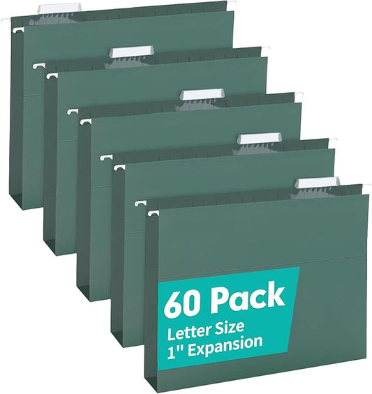 HERKKA Extra Capacity Hanging File Folders, 60 Pack Reinforced Letter Size Hanging Folders with Heavy Duty 1 Inch Expansion, Designed for Bulky Files, Medical Charts, Green