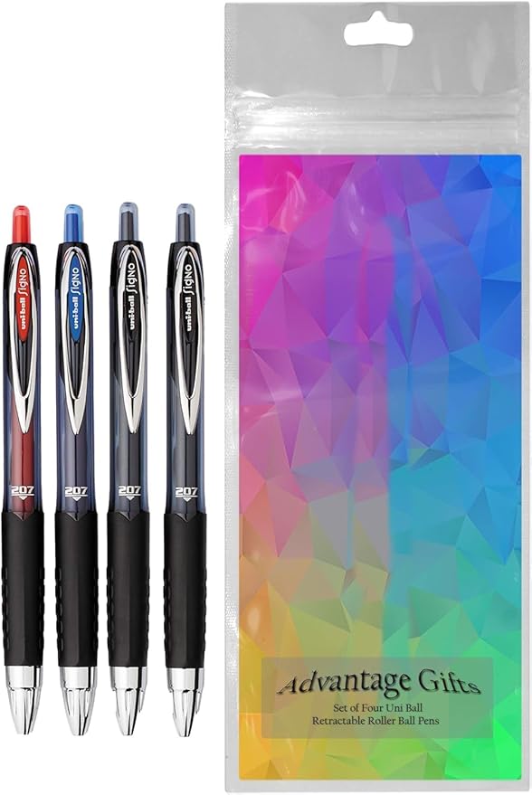 Signo 207 Roller Ball Retractable Gel Pens, Medium Point (0.7mm), Black Blue And Red Ink, 4 Count, Bundle with Plastic Reusable Pouch