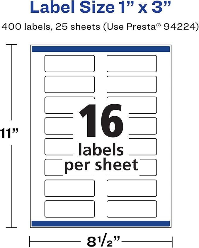 Avery Matte White Rectangle Labels, Sure Feed Technology, 1" x 3", 400 Matte White Printable Labels