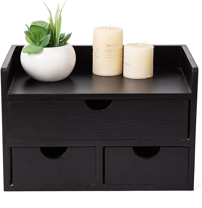 Rustic Distressed white 3-Tier Wood Desk Organizer with 3 Drawers Mini Storage Shelf For Desk, Toiletries Vanity Office Supplies (Black)