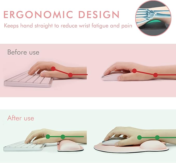 VAGAU Premium Keyboard Wrist Rest and Mouse Pad Wrist Support, Ergonomic Memory Foam Set for Office, Laptop, Mac, Computer and Gaming,Comfortable Typing &Wrist Pain Relief（Pink）