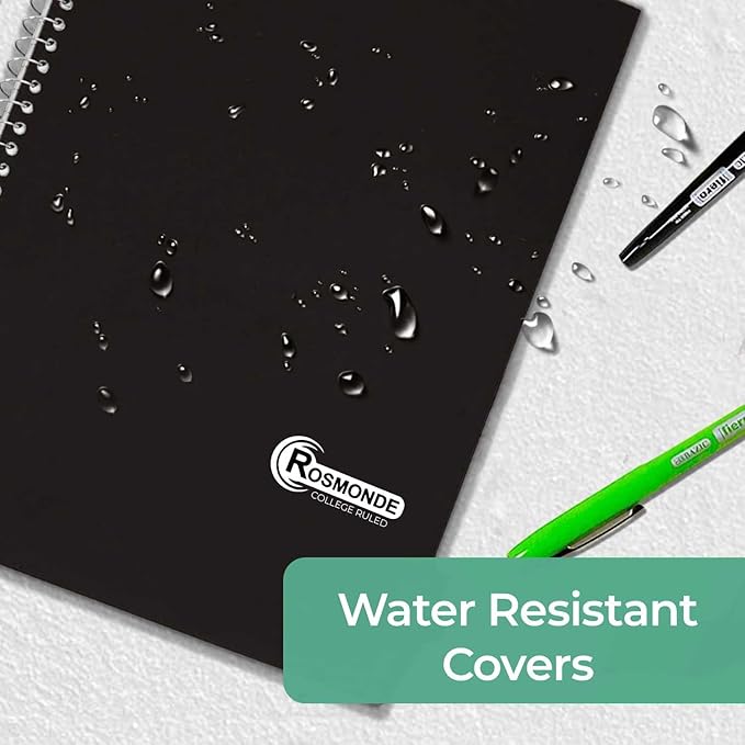 Rosmonde 1 Subject Spiral Notebook, 12 Pack, College Ruled, Water Resistant Cover, Thick 140 Pages/Book (70 Sheets), 8 x 10-1/2, 3 Hole, Bulk School & Office, Black Cover