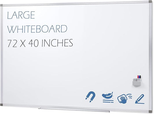 SWANCROWN Large Magnetic White Board 72 x 40 Inches with Thick Aluminum Frame, Large Dry Erase Board for Wall, with Magnetic Pen Holder & Long Marker Tray for Conference Room