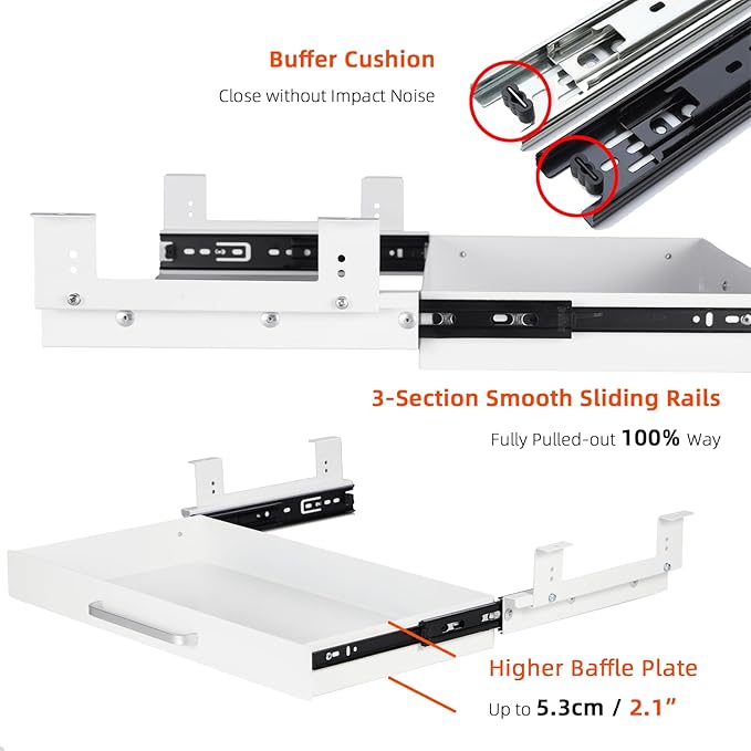 Under Desk Drawer Organizer 21" White Upgrade with Adjustable Brackets, Sliding Pull-Out Under Table Pencil Drawer, Office Standing Desk Attachment for Workbench
