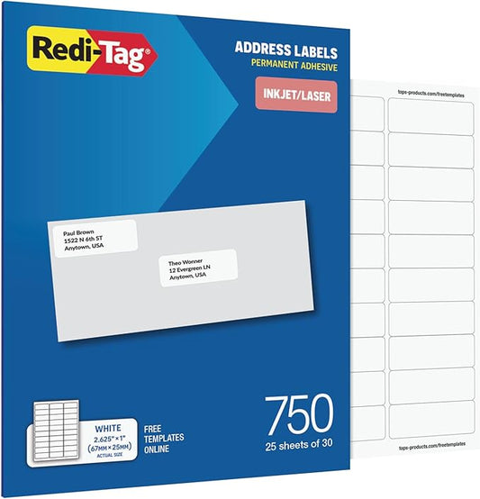 Redi-Tag Address Labels, 750 Blank (25 Sheets of 30), 1" x 2.625", for Inkjet and Laser Printers, Free Online Templates (1009573)