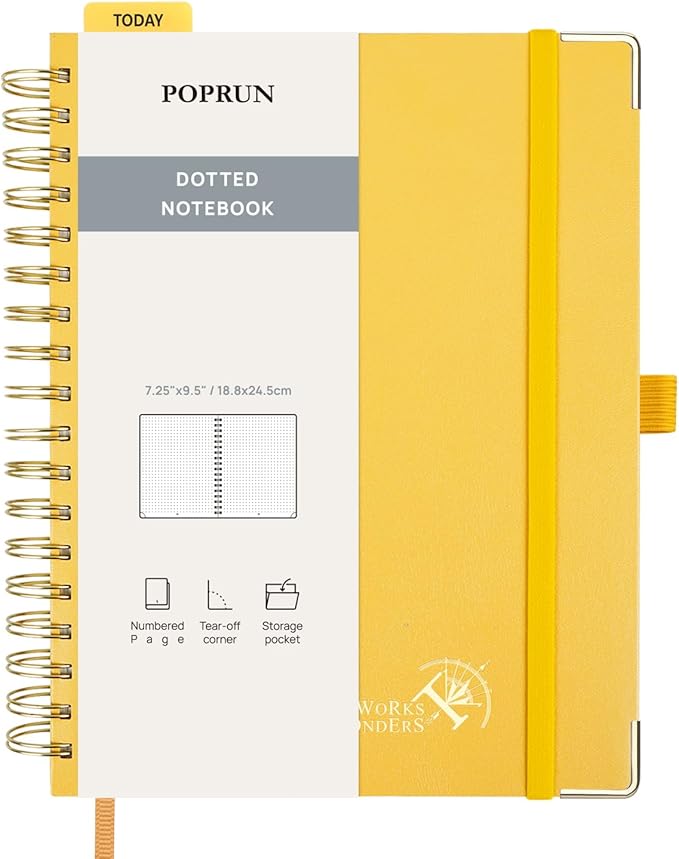 POPRUN Spiral Bullet Dotted Journal Notebook, 7-1/4" x 9-1/2" - 120 GSM Thick Paper, 220 Numbered Pages, Hardcover for Men & Women with Pocket, Index Tabs, 8 Perforated Sheets, Light Yellow