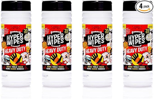 Hyper Wipes, 4 Pack Heavy Duty Hand & Tool Cleaning Wipes, 7"x12" Size Multi-Surface Cleaning Wipes, Degreasing, All Purpose Cleaner, Bathroom, Mechanic, Work Surface Wipes, 140 Count Canister