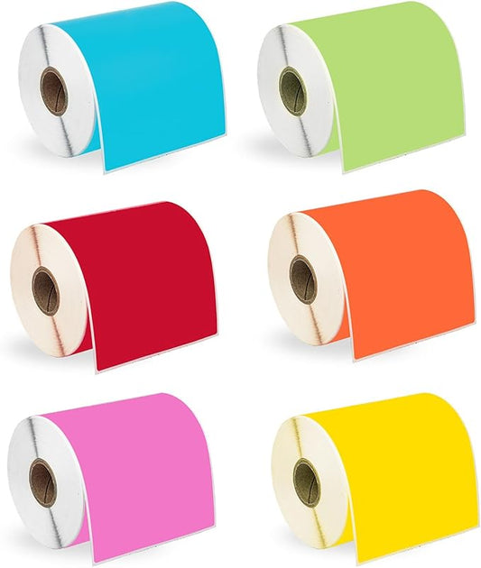 HOUSELABELS 4" x 6" Red, Orange, Green, Yellow, Blue, Pink Shipping Labels on 1" Core Compatible with Zebra and Rollo Printers, 24 Rolls / 250 Labels per Roll