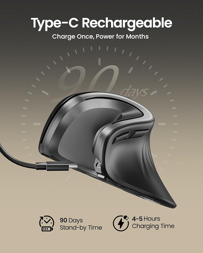 ProtoArc Ergonomic Mouse, EM11 NL Wireless Vertical Mouse, Ergo Mouse with Multi-Device, USB-C Rechargeable Mice for Windows, Mac OS, PC/Notebook/Laptop,Gray