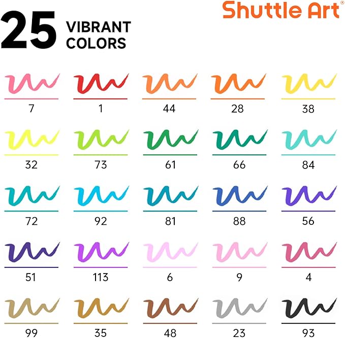 Shuttle Art Dual Tip Brush Marker Pens, 25 Colors Water-based Ink, Fine and Brush Tip Marker Set with 1 Coloring Book for Kids Adult Artist Calligraphy Hand Lettering Journal Doodling Writing