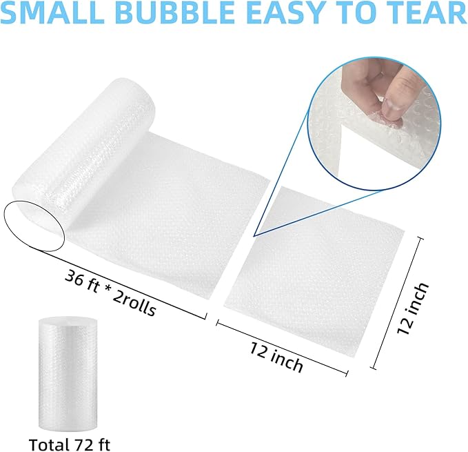 2 Pack-12inchx72ft Total 3/16" Air Bubble Cushioning Wrap Roll, Bubble Wrap for Protection Packaging Mailers, Nylon Wrap Rolls Moving Cushioning Supplies for Moving/Insulation, Perforated Every 12”