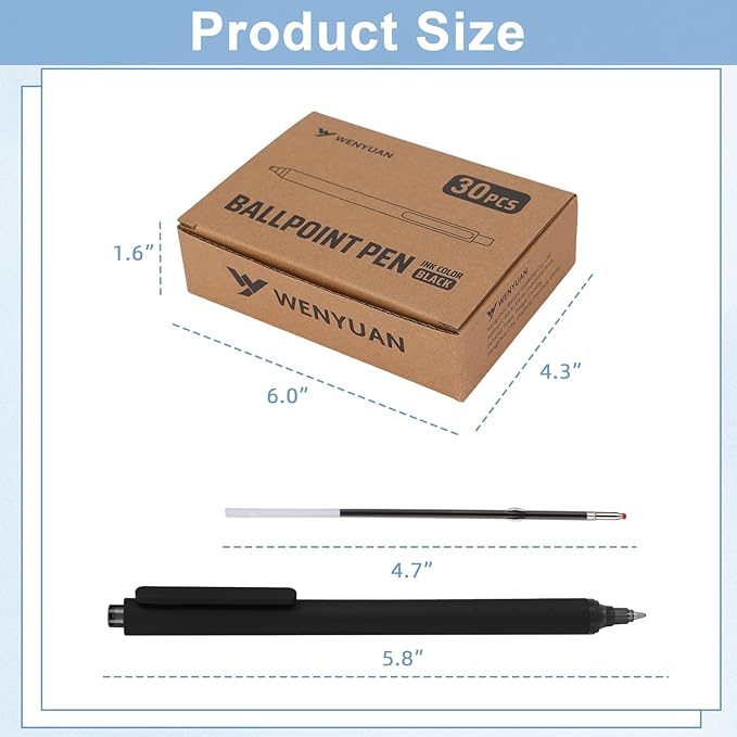 WY WENYUAN Pens Bulk, 30-Pack Black Ballpoint Pens (1.0mm Medium Point) - Smooth Writing No-Smear Click-Type Bulk Pens for School,Corporate,Journals