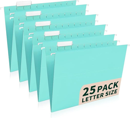 25-Pack Hanging File Folders,Letter Size,Includes 35 Transparent Label Cards & 50 Sticker Labels,1/5-Cut Tabs for Home & Office Organization(25, Aqua)
