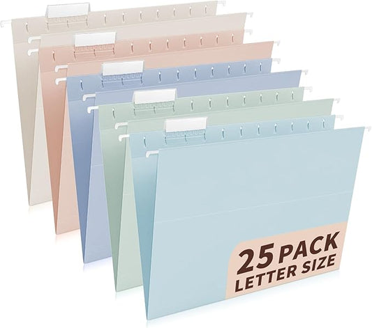 25-Pack Morandi Hanging File Folders,Letter Size with 35 Transparent Label Cards,50 Sticker Labels,1/5-Cut Tabs–Home Office & Filing Cabinets
