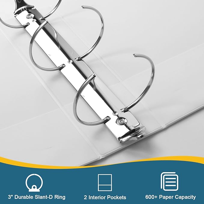 3-Inch 3 Ring Binder, Standard 3" Round Ring Binder Fit Letter Size Paper, Presentation View Binders, White, 2-Pack