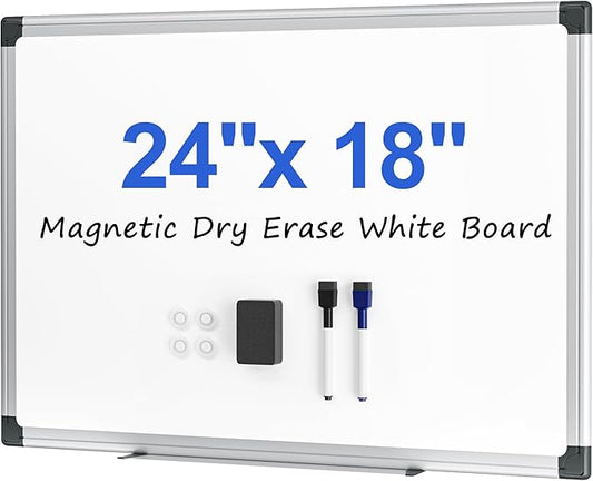 VUSIGN Magnetic White Board 24" x 18" for Wall, Dry Erase Board for Home Office, School, Study Room – Silver Aluminum Frame with 2 Markers, 4 Magnets & Eraser