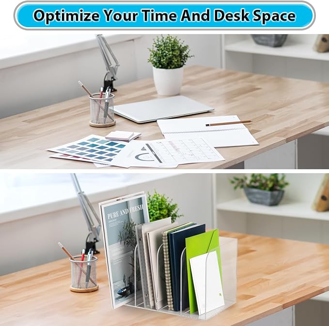 Jumyee Acrylic Magazine File Holder, Vertical Desk File Organizer Sorter with 4 Compartments, Clear Mail Organizer Office Organization Storage Binder Holder for Desk, Magazine, Books