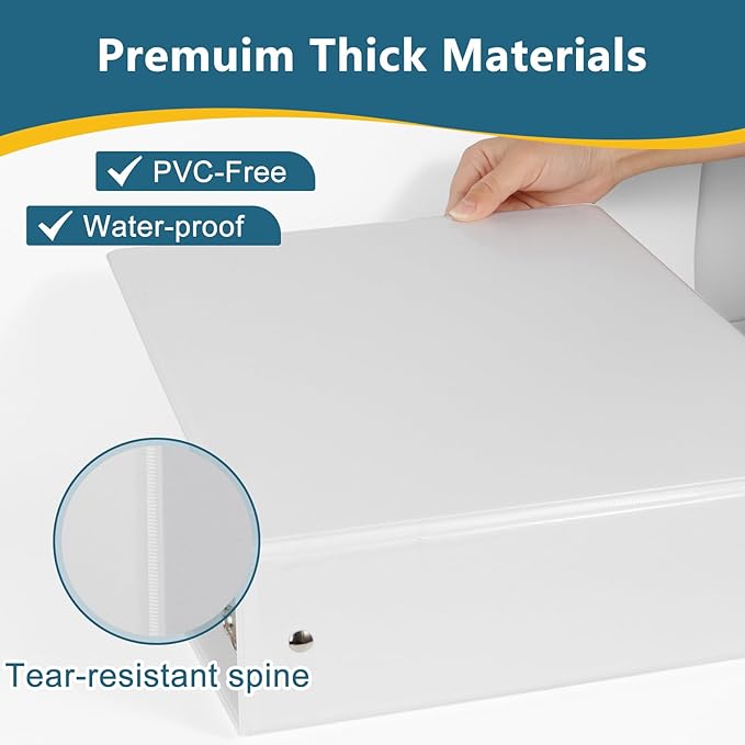 3-Inch 3 Ring Binder, Standard 3" Round Ring Binder Fit Letter Size Paper, Presentation View Binders, White, 6-Pack