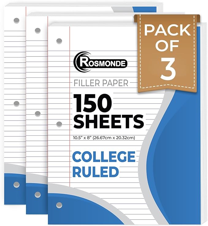 Rosmonde Loose Leaf Paper, 450 Sheets, 3 Pack, College Ruled Paper, 8" x 10.5", Bulk Office Filler Paper, 3 Hole Punched, 150 Sheets/Pack, 56 gsm Paper, College Ruled Notebook Paper for Binder, White