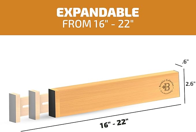 4 Pack Drawer Divider - 2.6" High, 16" to 22" Adjustable Bamboo Drawer Organizers for Clothes, Expandable Dresser Separators in Bedroom/Bathroom/Kitchen/Office Organization and Storage (Natural)