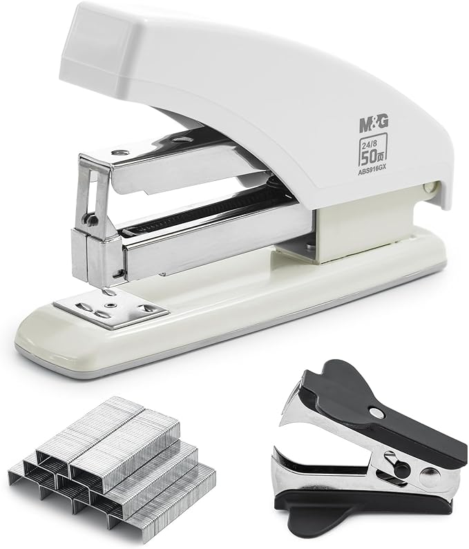 M&G Effortless Stapler for Desk, 50 Sheet Capacity, Heavy Duty Desktop Stapler with 1000 Staples & Staple Remover, One Finger Touch, Good for Office Home School, White