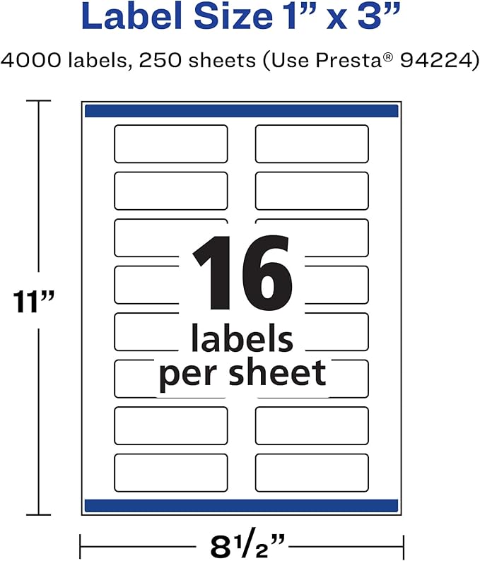 Avery Matte White Rectangle Labels, Sure Feed Technology, 1" x 3", 4,000 Matte White Printable Labels