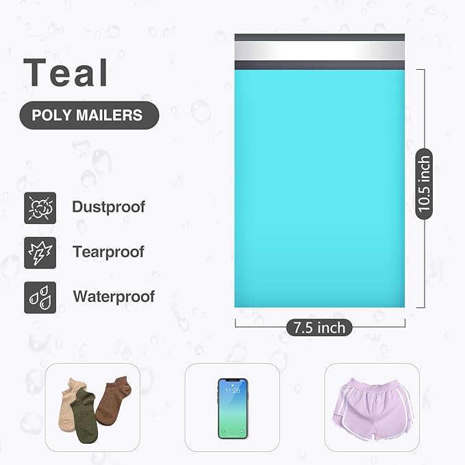 UCGOU Poly Mailers 7.5x10.5 Inch Teal 100 Pack Shipping Bags Strong Thick Mailing Envelopes Self Sealing Adhesive Waterproof and Tear Proof Boutique Packaging Postal for Clothing