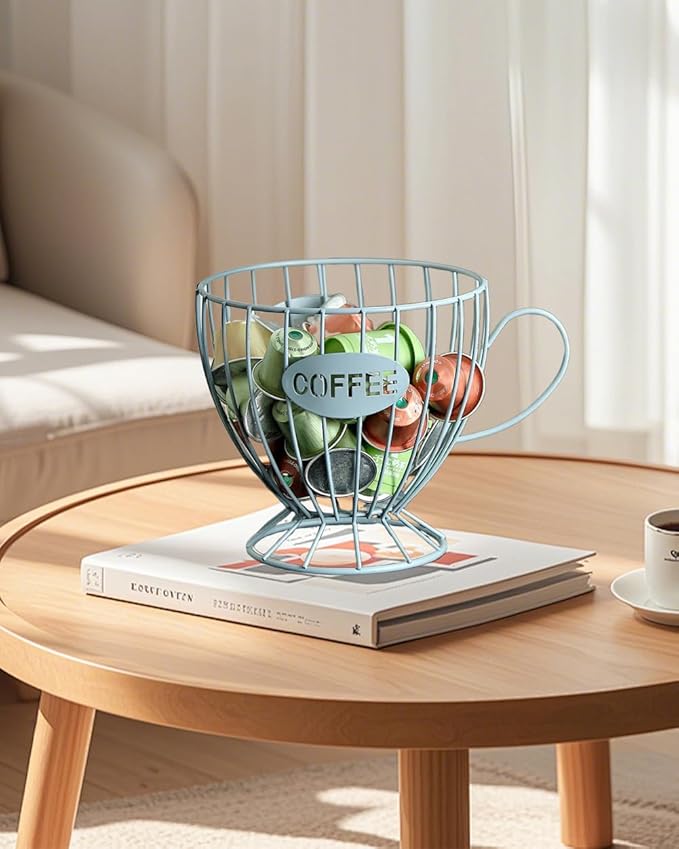 Coffee Pod Holder Large Capacity Coffee Pod Organizer Cup Shape Metal Kitchen Countertop Organizer for Home Office Blue