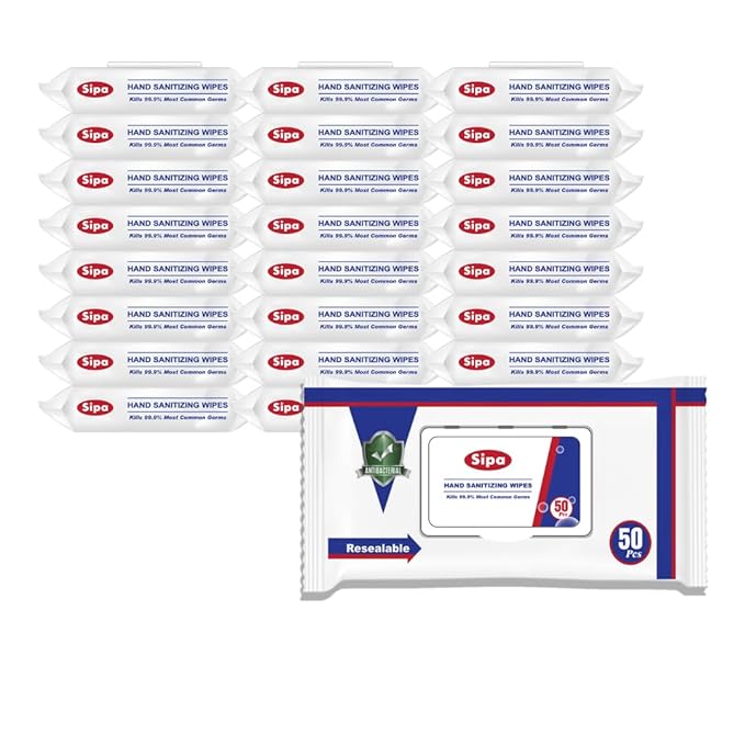 SIPA Hand Sanitizing Wipes 50 WIPES Bag, Clean-to-go, Travel Size, Fresh Scent, Soft Textured Wipes, Total 1200 Pieces (50 Count (Pack of 24))