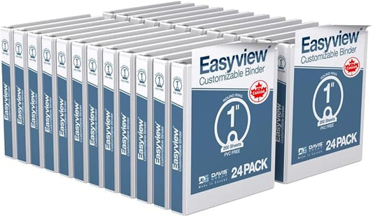 Easyview Premium 3-Ring Binders with Clear-View Covers and Round Rings, Binders for School or Office, 1 Inch, Pack of 24, White