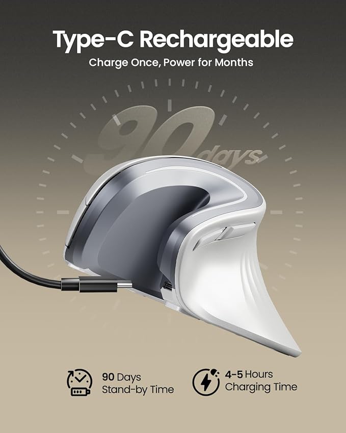 ProtoArc Ergonomic Mouse, EM11 NL Wireless Vertical Mouse, Ergo Mouse with Multi-Device, USB-C Rechargeable Mice for Windows, Mac OS, PC/Notebook/Laptop,White