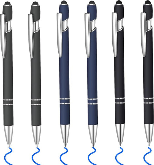 6 Pcs Blue Ink Ballpoint Pen with Stylus Tip 2 in 1 Ballpoint Pen Metal Pens Stylus Pen for Touch Screens Office Coworkers (Black Blue Coffee)