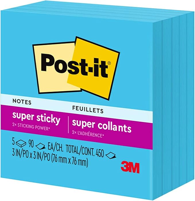 Post-it Super Sticky Notes, 5 Sticky Note Pads, 3 x 3 in., School Supplies, Office Products, Sticky Notes for Vertical Surfaces, Monitors, Walls and Windows, Blue Paradise
