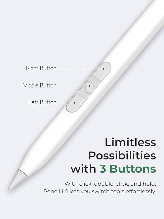 REDBEAN iPad Stylus Pen H1, 9 Shortcut Functions with 3 Buttons, Tilt Sensitivity, Magnetic Wireless Charging Pencil Compatible with Apple iPad Pro 11"/12.9", Air 3/4/5, Mini 5/6, iPad 6th-10th Gen.