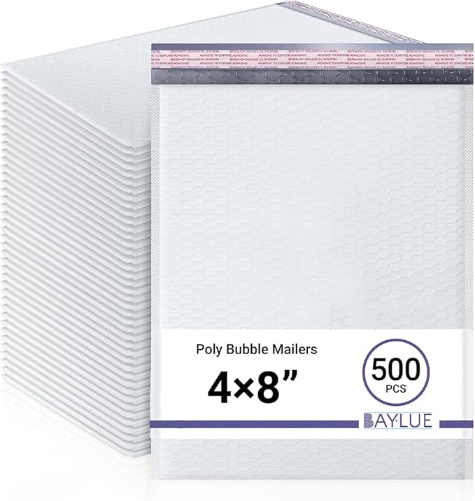 White Small Bubble Mailers 4x8 Inch #000 | Thick Padded Poly Mailer Envelope | Mailing Envelopes | Water & Tear Resistant | 500 Pack Bulk | Trading Card Sports card Shipping