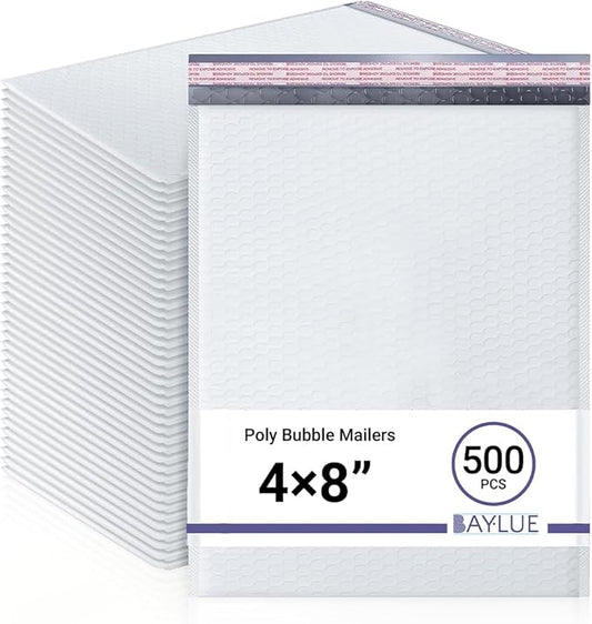 White Small Bubble Mailers 4x8 Inch #000 | Thick Padded Poly Mailer Envelope | Mailing Envelopes | Water & Tear Resistant | 500 Pack Bulk | Trading Card Sports card Shipping