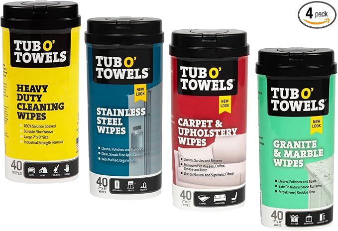 Tub O' Towels Household Cleaning Wipes Variety Pack, 7" x 8", 4-Pack