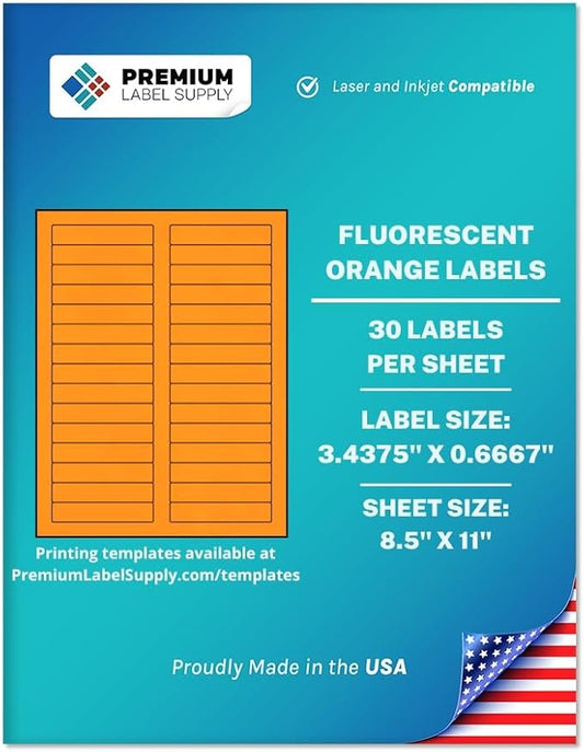Premium Label Supply Bright Neon Color Fluorescent Sticker Labels - 3.4375" x 0.6667" File Folder Labels - (Fluorescent Orange, 30,000 Labels)