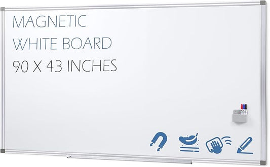 Swansea Magnetic Dry Erase Whiteboard 90 x 43 inches, Large White Board Dry Erase for Wall with Silver Aluminum Frame & Marker Tray for School Office Home, 230 x 110 cm