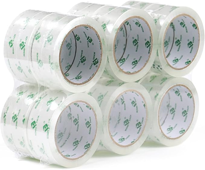BOMEI PACK 12 Rolls Crystal Clear Packing Tape Refill, Shipping Packaging Tape, 2 Mil 1.88 inch x 60 Yards for Carton Box Sealing